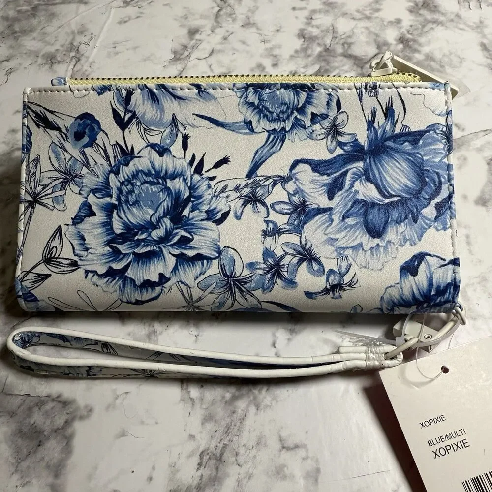 BETSEY Johnson XOPIXIE Blue Multi Floral Print Long Strap Bifold Wallet New